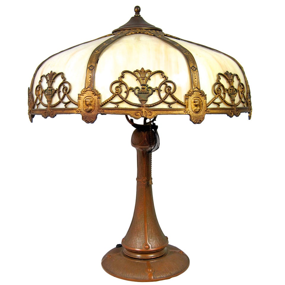 Arts 
Crafts Nouveau Bent Panel Slag Glass  Table Lamp
