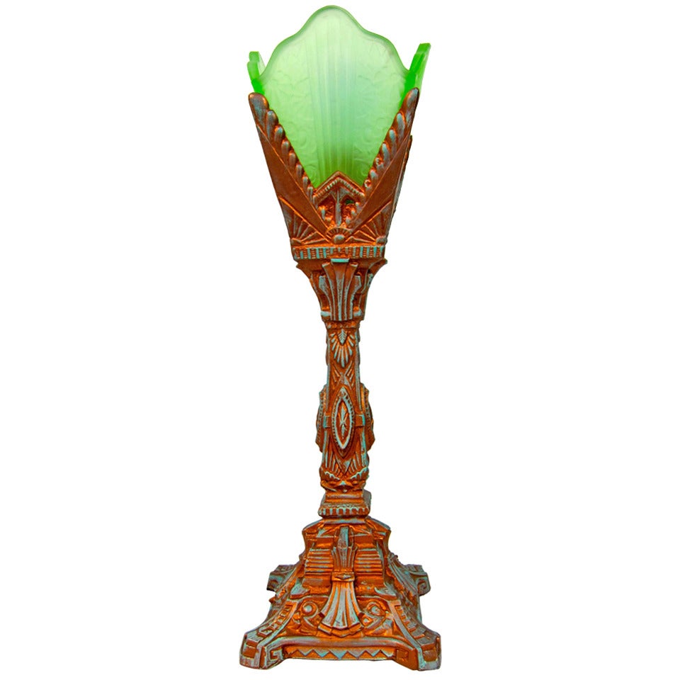 Art Deco Green Glass Patina Lamp