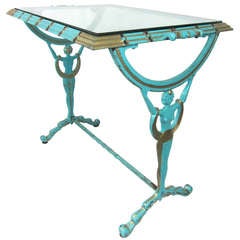 1920-30s Art Deco Flapper Girl Turquoise & Gold Metal Glass  Table