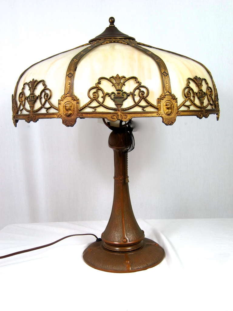 Arts & Crafts Nouveau Bent Panel Slag Glass  Table Lamp