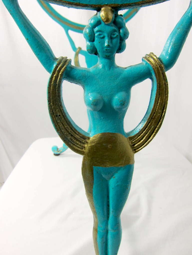 20th Century 1920-30s Art Deco Flapper Girl Turquoise & Gold Metal Glass  Table