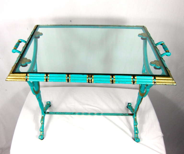 Unknown 1920-30s Art Deco Flapper Girl Turquoise & Gold Metal Glass  Table