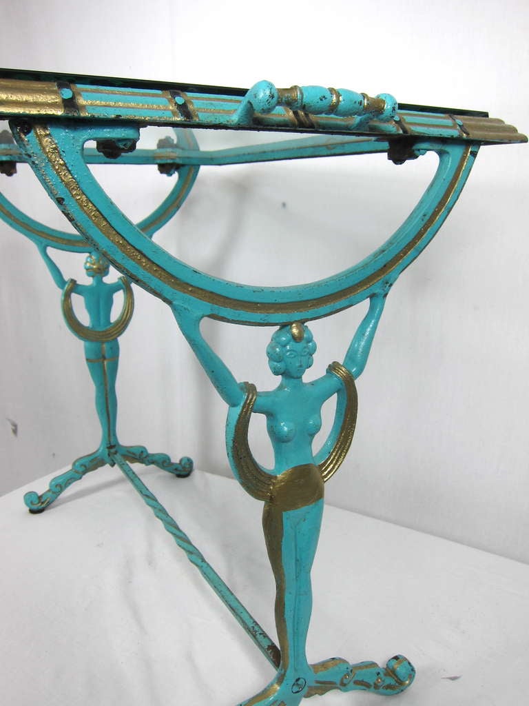 1920-30s Art Deco Flapper Girl Turquoise & Gold Metal Glass  Table In Good Condition In San Francisco, CA
