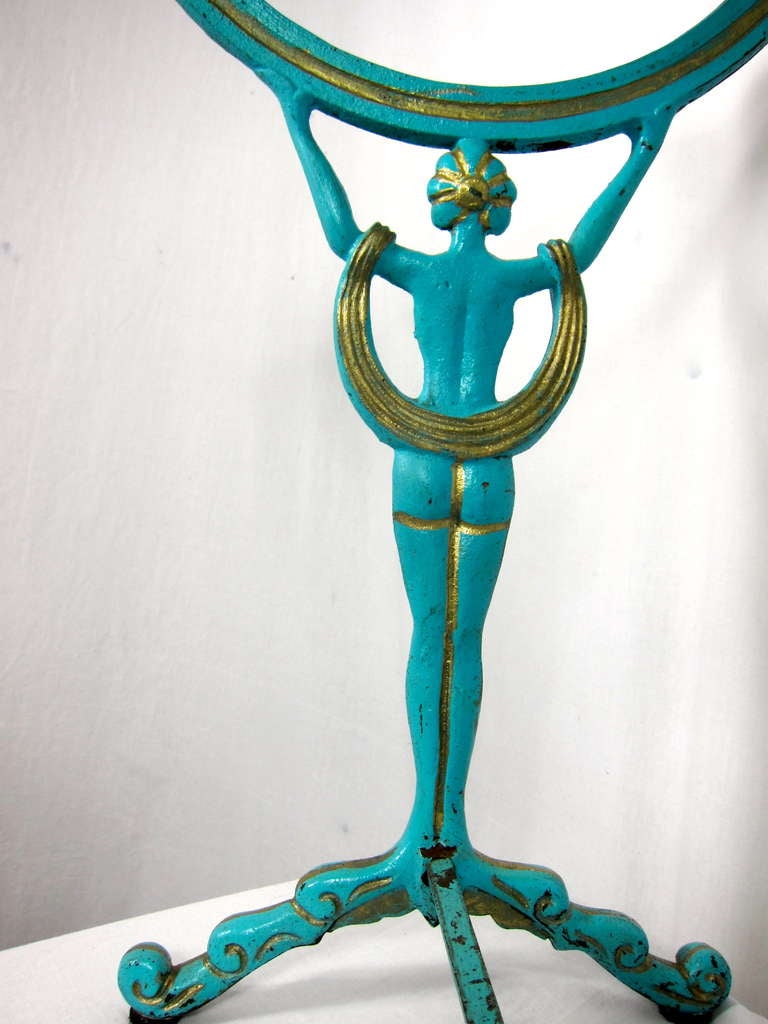 1920-30s Art Deco Flapper Girl Turquoise & Gold Metal Glass  Table 1