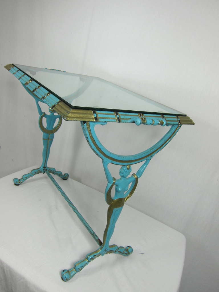 1920-30s Art Deco Flapper Girl Turquoise & Gold Metal Glass  Table 2