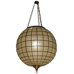 Antique 1920s Leaded Brass & Glass Hanging Lamp
