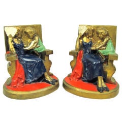 Vtg 1930 Polycrome Painted Mother Daughter Let's Read Bookends