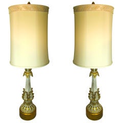 Hollywood Regency Italian Gold & White Fancy Oversized Lamps