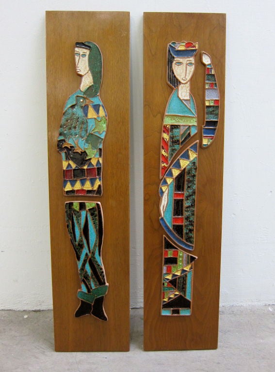 Stylized terra cotta tile figures on walnut panels. With the detailed feeling of mosaic. By Harris Strong, among America's most important post-WWII tile artists. After serving in WWII, Strong studied ceramics and the chemistry of ceramic glazes at