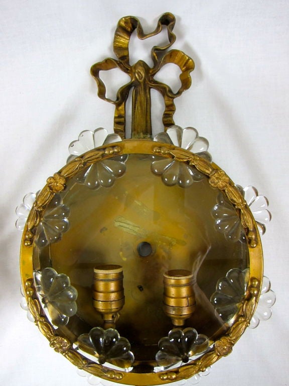 ART DECO BANJO ROUND GOLD TONE GLASS ROSETTES RIBBON SCONCES