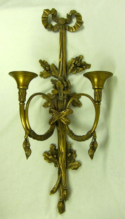 French Horn Brass Wall Candle Sconces Ribbon Leaves Tassel Motif