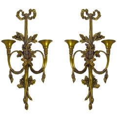 French Horn Brass Wall Candle Sconces Ribbon Leaves Tassel Motif