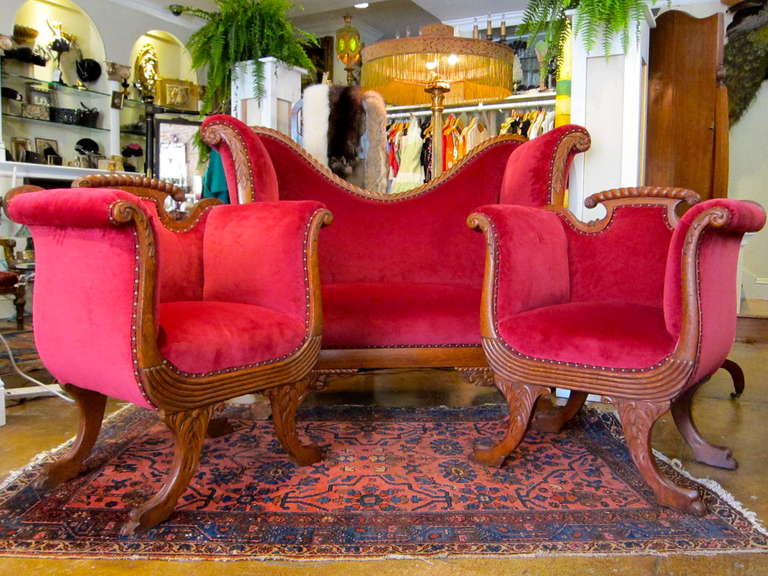 Art Nouveau Ornate Wood & Red Velvet  Parlor Sofa & Chairs Settee Set