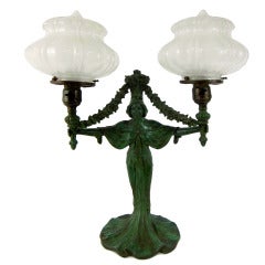 Antique Art Nouveau Patina Green Mistress of Lights Double Globe Table Lamp