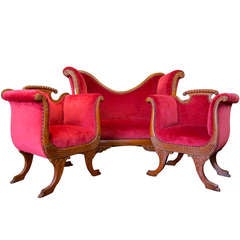 Antique Art Nouveau Ornate Wood & Red Velvet  Parlor Sofa & Chairs Settee Set
