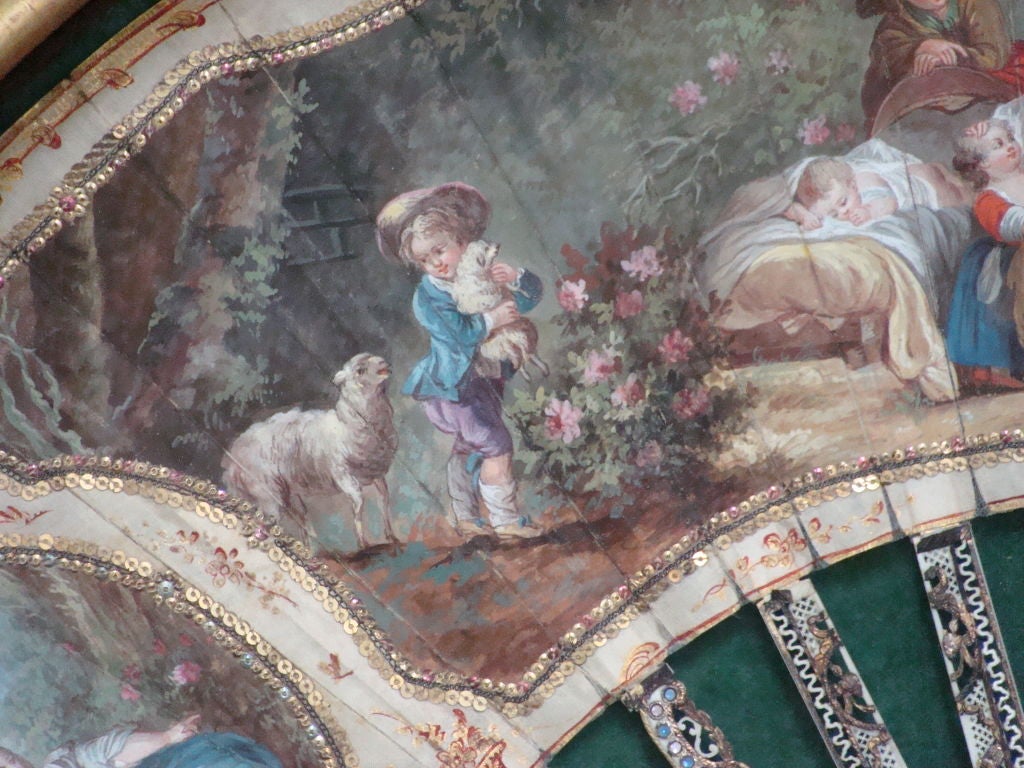 18th Century and Earlier Painted Fan, Pastoral Scenes, possiby 18th Century