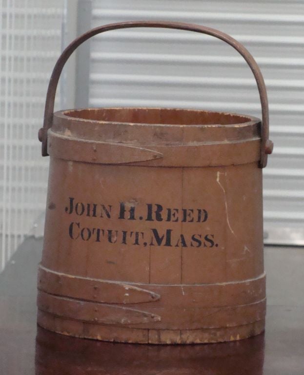 Terrific wooden bucket, or firkin, used for storing agricultural products like apples. On the back the phrase 
