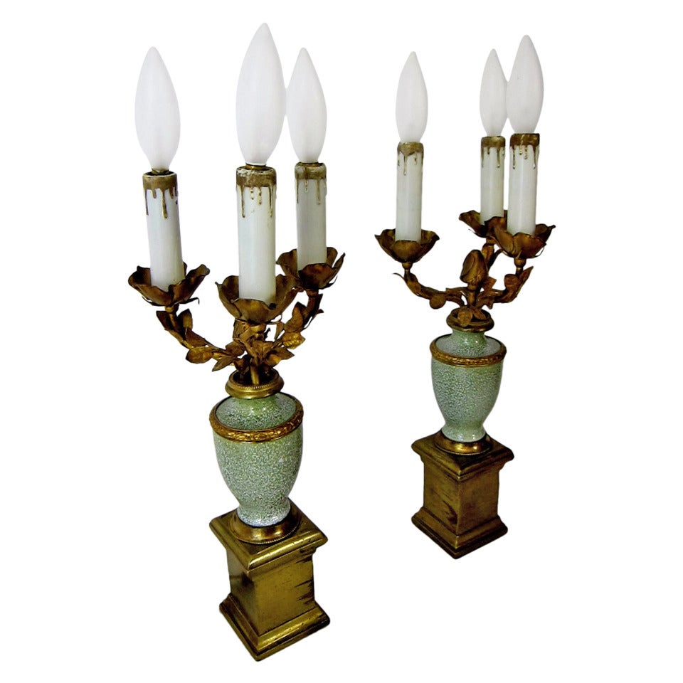 Antique 1800s French Gilt Rose 
Green Porcelain  Candelabra Table Lamps