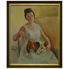 Vintage Lady with a Dog, portrait painting by Adrien Dupagne