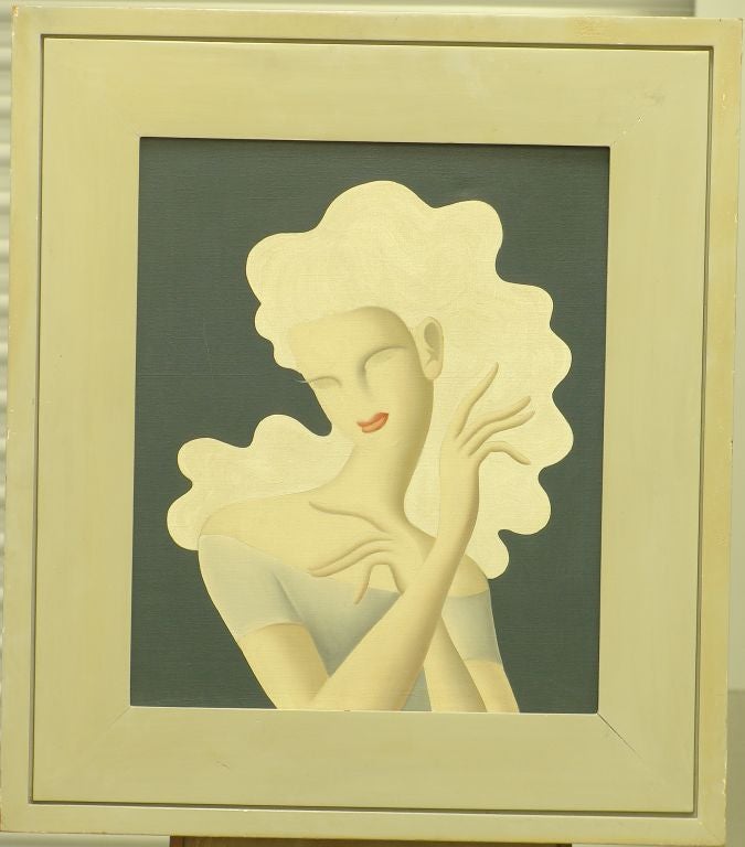 20th Century Stylish Lady with Wavy Hair, Deco styled painting/portrait