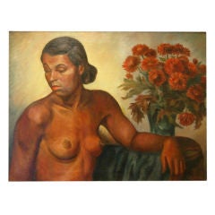 Jacob Bleibtreu oil portrait of a nude woman with flowers