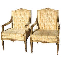 Hollywood Regency French Style  Gold Tufted Golden Arm Chairs-Pair