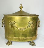 ANTIQUE VICTORIAN BRASS COAL BIN WITH LID AND HANDLES LION CREST