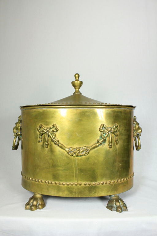 18th Century and Earlier ANTIQUE VICTORIAN BRASS COAL BIN WITH LID AND HANDLES LION CREST