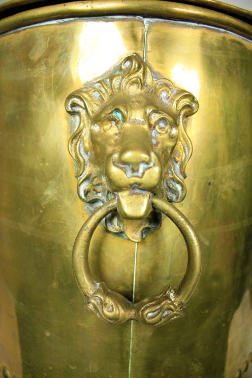 ANTIQUE VICTORIAN BRASS COAL BIN WITH LID AND HANDLES LION CREST 2