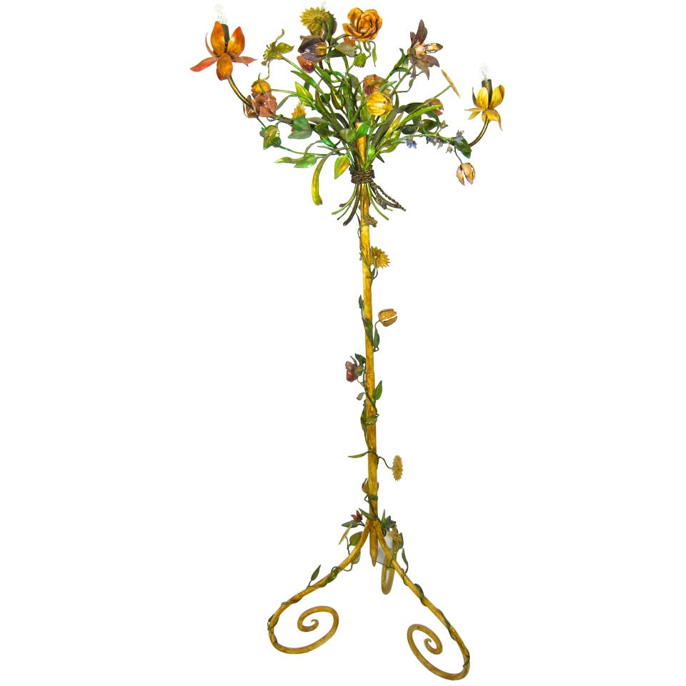 Vintage Floral Bouquet Tole Candelabra Floor Lamp-w climbing flowers