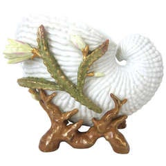 1890s Porcelain Gold Flecked Flowering Seaweed Coral White  Nautilus Shell  Lamp