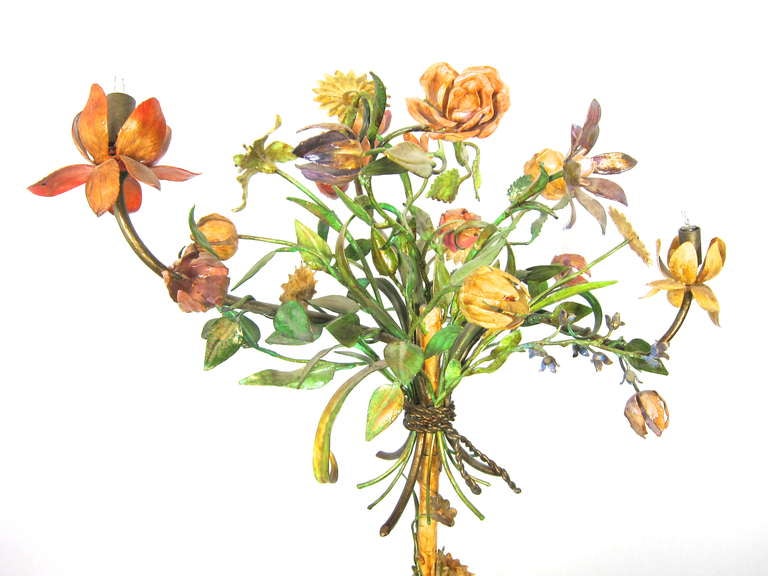 Vintage Floral Bouquet Tole Candelabra Floor Lamp-w climbing flowers 1