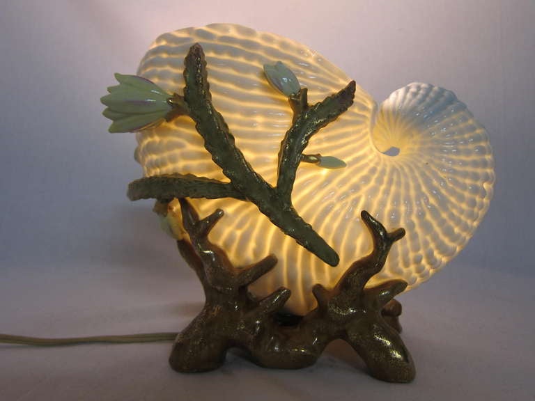 1890s Porcelain Gold Flecked Flowering Seaweed Coral White  Nautilus Shell  Lamp 1