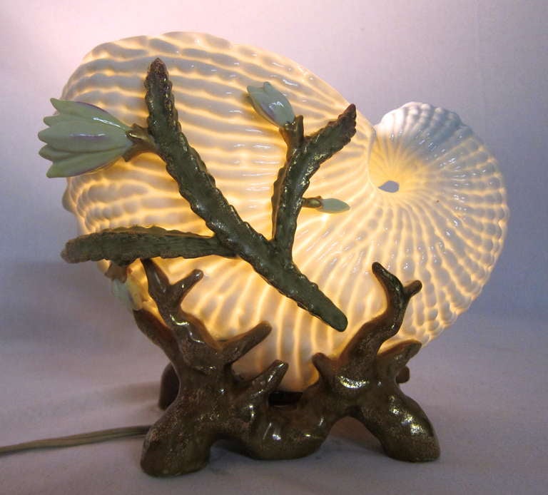 1890s Porcelain Gold Flecked Flowering Seaweed Coral White  Nautilus Shell  Lamp 2