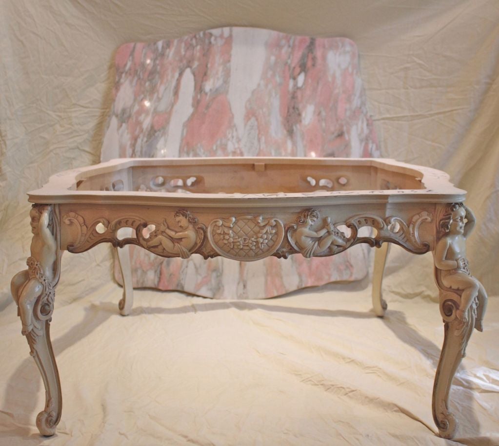 Italian Fancy Cherub Carved Base Pink Gray Marble Top Coffee Table 2