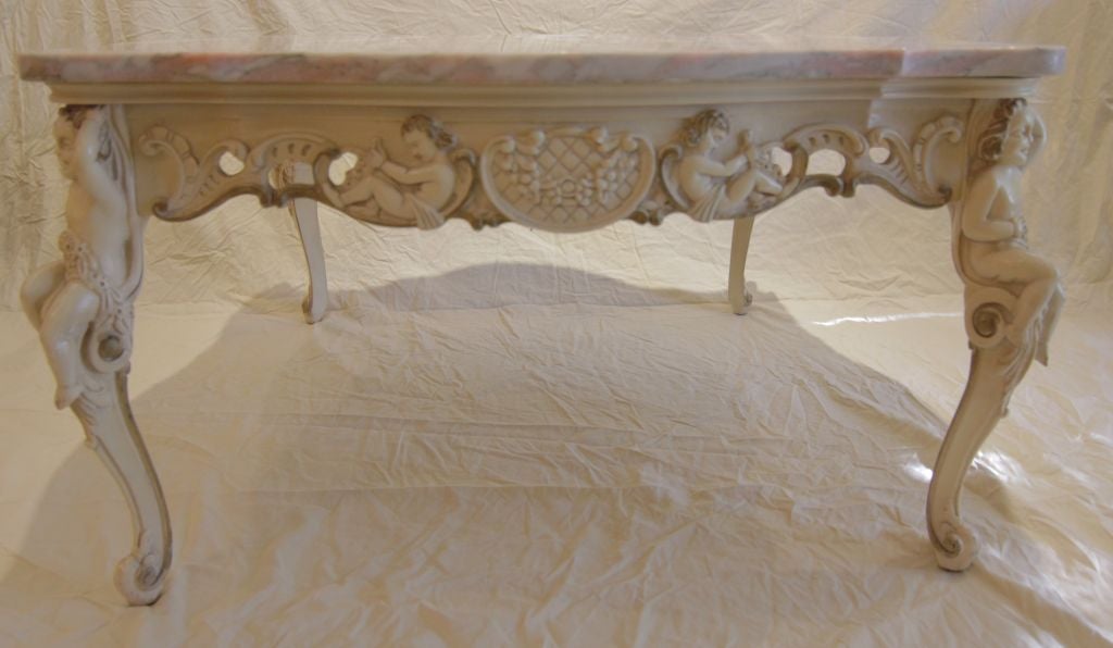 Mid-20th Century Italian Fancy Cherub Carved Base Pink Gray Marble Top Coffee Table