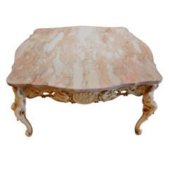Italian Fancy Cherub Carved Base Pink Gray Marble Top Coffee Table