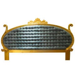 Vintage Hollywood Regency Huge  Blue Tufted & Ornate Gold Frame Headboard