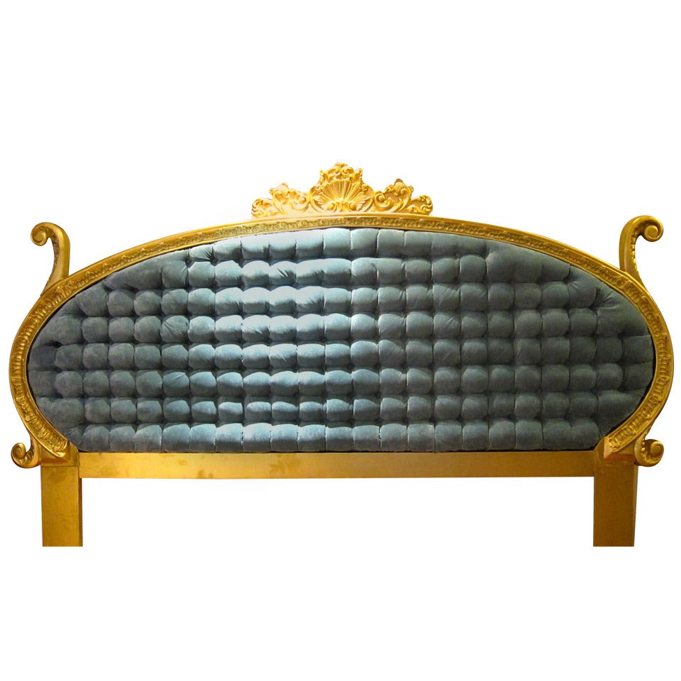 Hollywood Regency Huge  Blue Tufted & Ornate Gold Frame Headboard