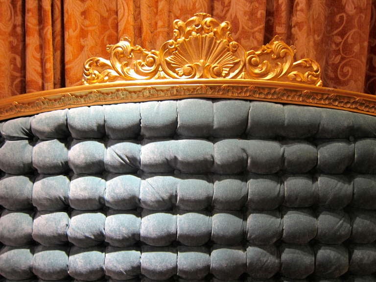 Hollywood Regency Huge  Blue Tufted & Ornate Gold Frame Headboard 1