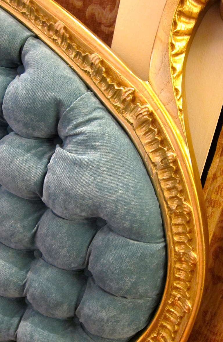 Hollywood Regency Huge  Blue Tufted & Ornate Gold Frame Headboard In Good Condition In San Francisco, CA