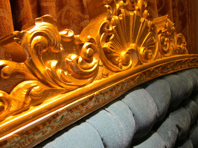 20th Century Hollywood Regency Huge  Blue Tufted & Ornate Gold Frame Headboard