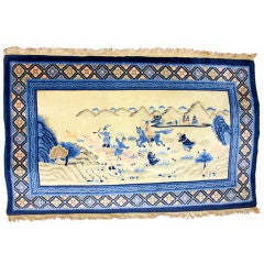 Northern Tibetan Bear Hunting Scene Rug Blue & White Motif