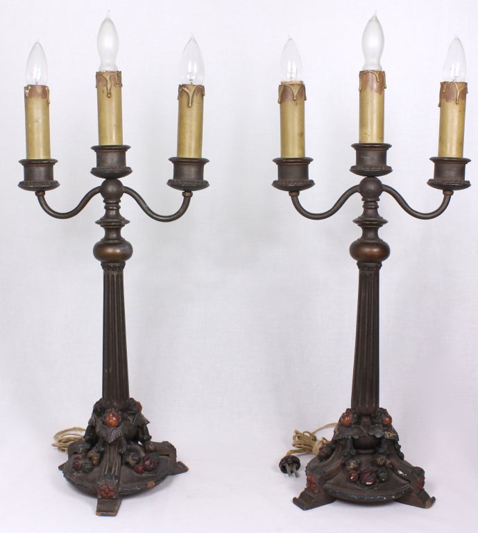 1920's WOOD CARVED ELECTRIC CANDELABRAS red faced cherubs  RARE!
23.5