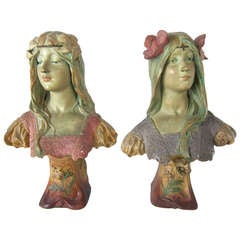 Antique Art Nouveau Pair Alphonse Mucha Style Maiden Busts -Numbered