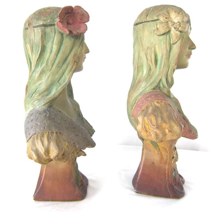 Absolutely beautiful pair of Alphonse Mucha Style Maiden Busts.
They are numbered 160 and 161.  They are made from either plaster or chalk ware and are of the period. 
16
