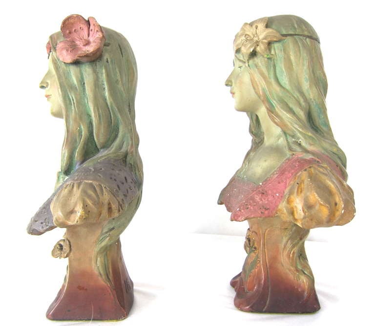 Unknown Art Nouveau Pair Alphonse Mucha Style Maiden Busts -Numbered