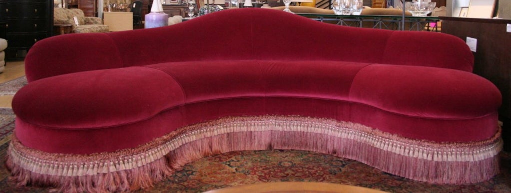 Art Deco Hotel Lobby size rich burgundy velvet layered tassel fringe PARIS sofa.. This is perfect for a statement piece for a mansion..hotel lobby..beautiful!
Length 10', Depth of center seat 42