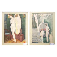 Art Deco 1920 French Nude Women Pair Of Water Color Paintings