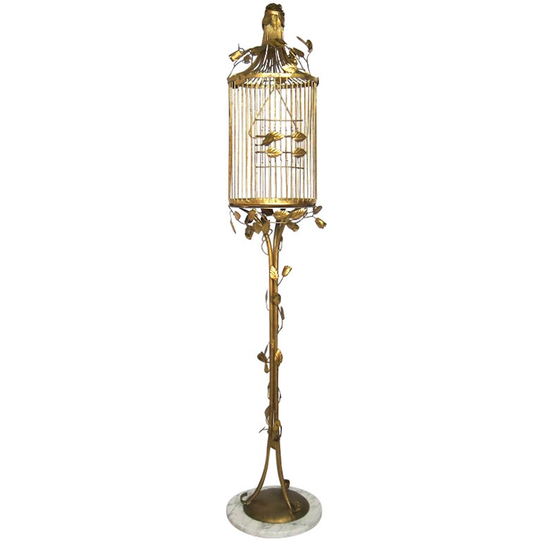Vintage Italian Gilt Birdcage with Marble Base Hollywood Regency